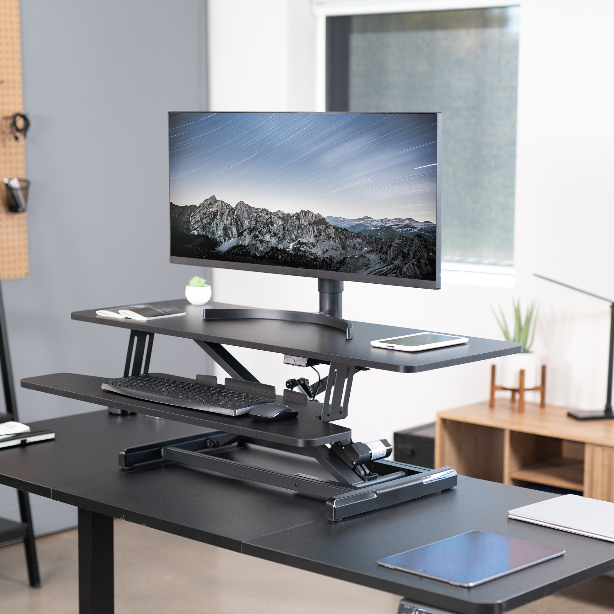 Electric Motor Desk Converter, Height Adjustable Riser, Sit to Stand Dual Monitor and Laptop Workstation with Wide Keyboard Tray