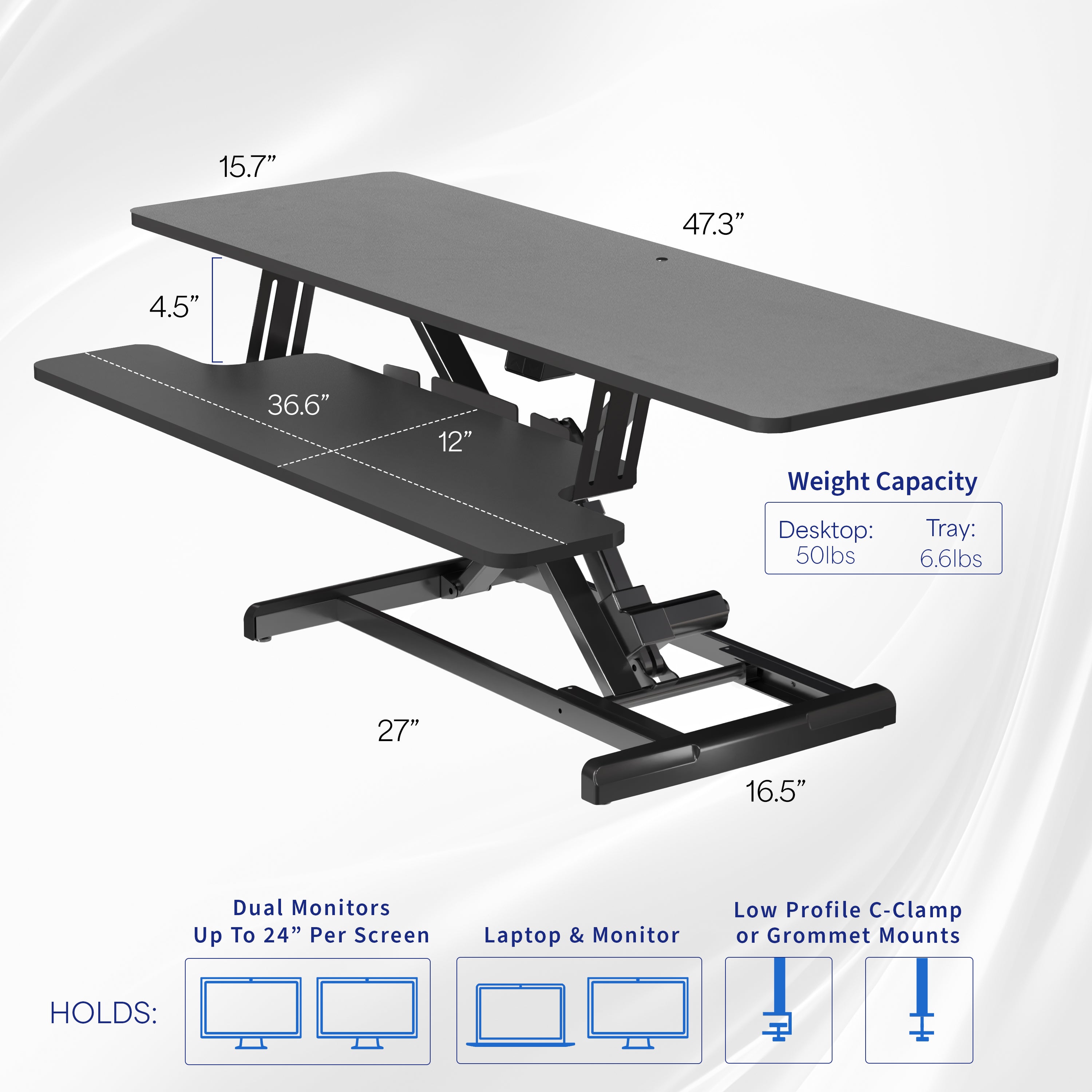 Electric Motor Desk Converter, Height Adjustable Riser, Sit to Stand Dual Monitor and Laptop Workstation with Wide Keyboard Tray