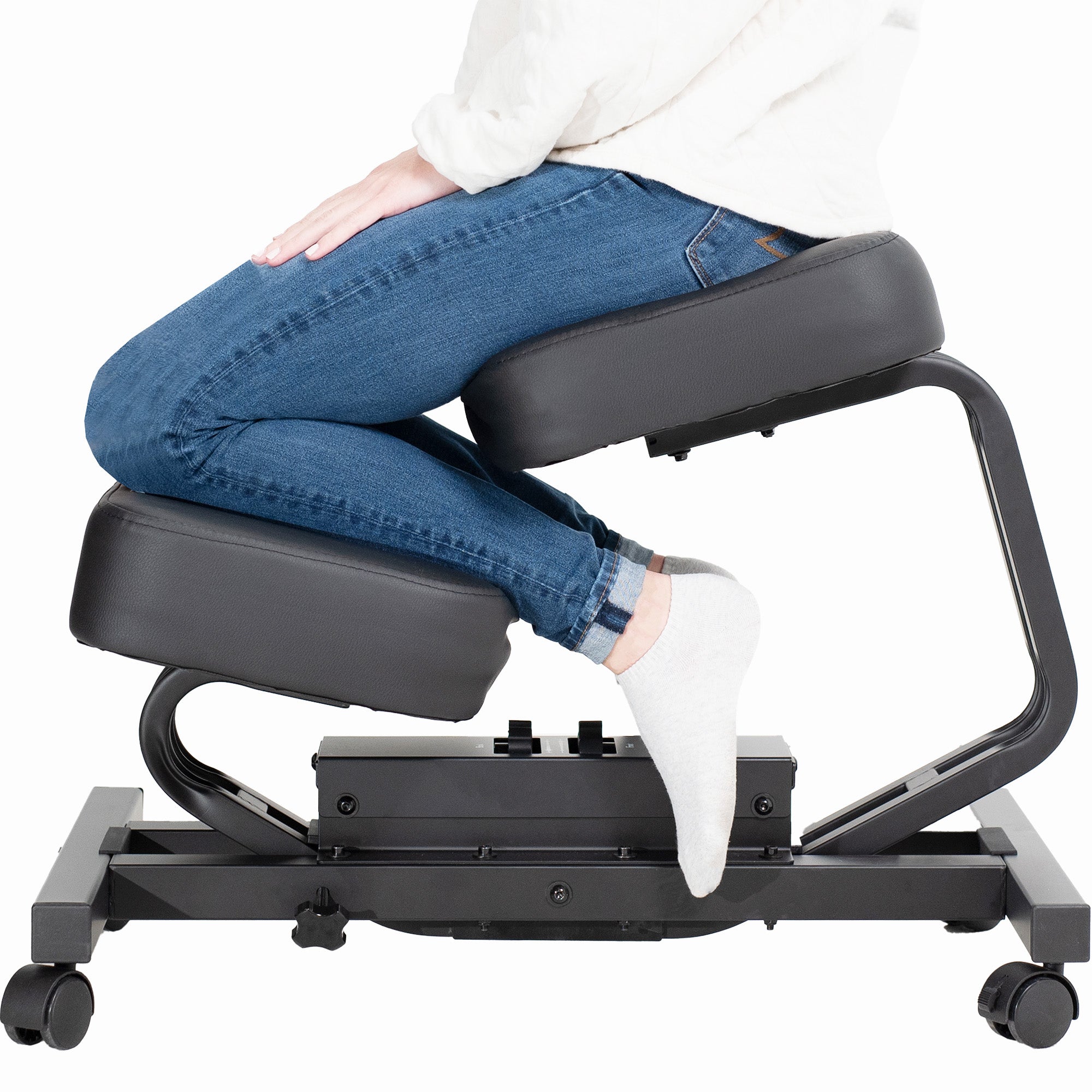 Mobile ergonomic padded rocking kneeling chair with locking casters.