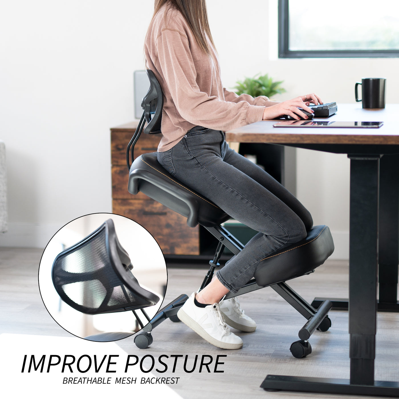 Height adjustable comfortable kneeling chair with locking caster wheels.
