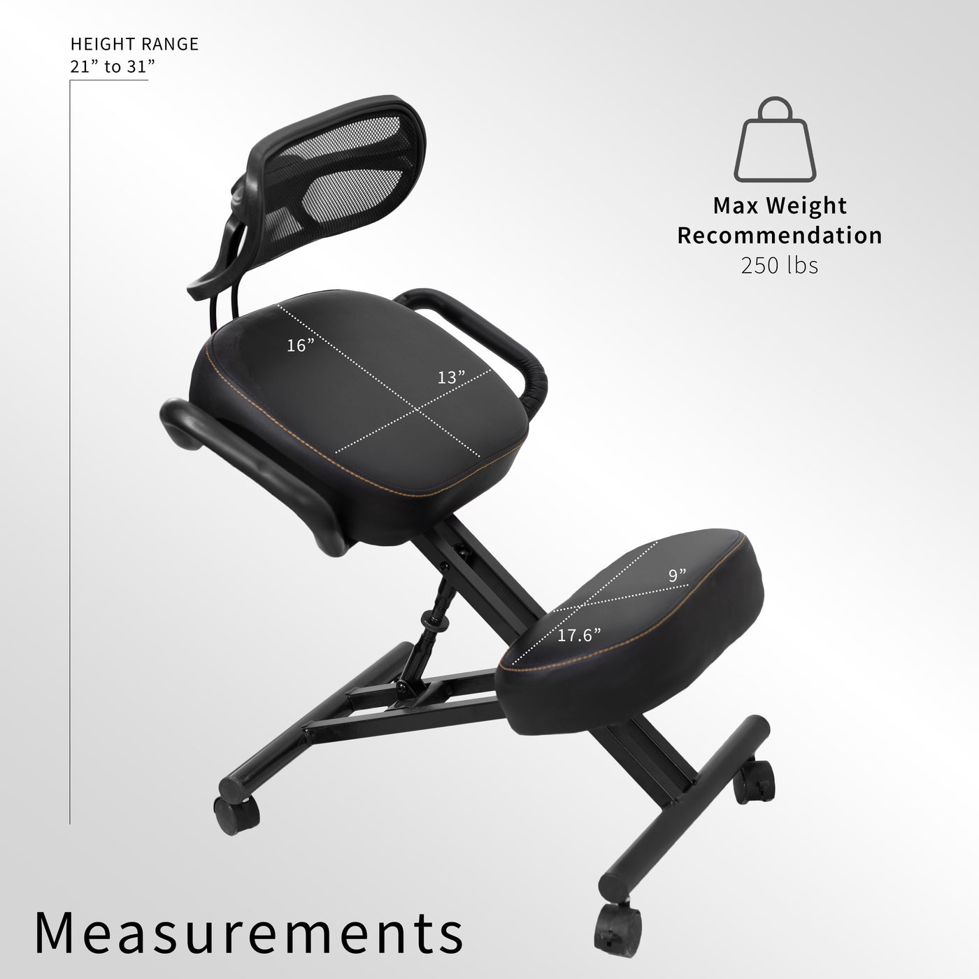 Height adjustable comfortable kneeling chair with locking caster wheels.