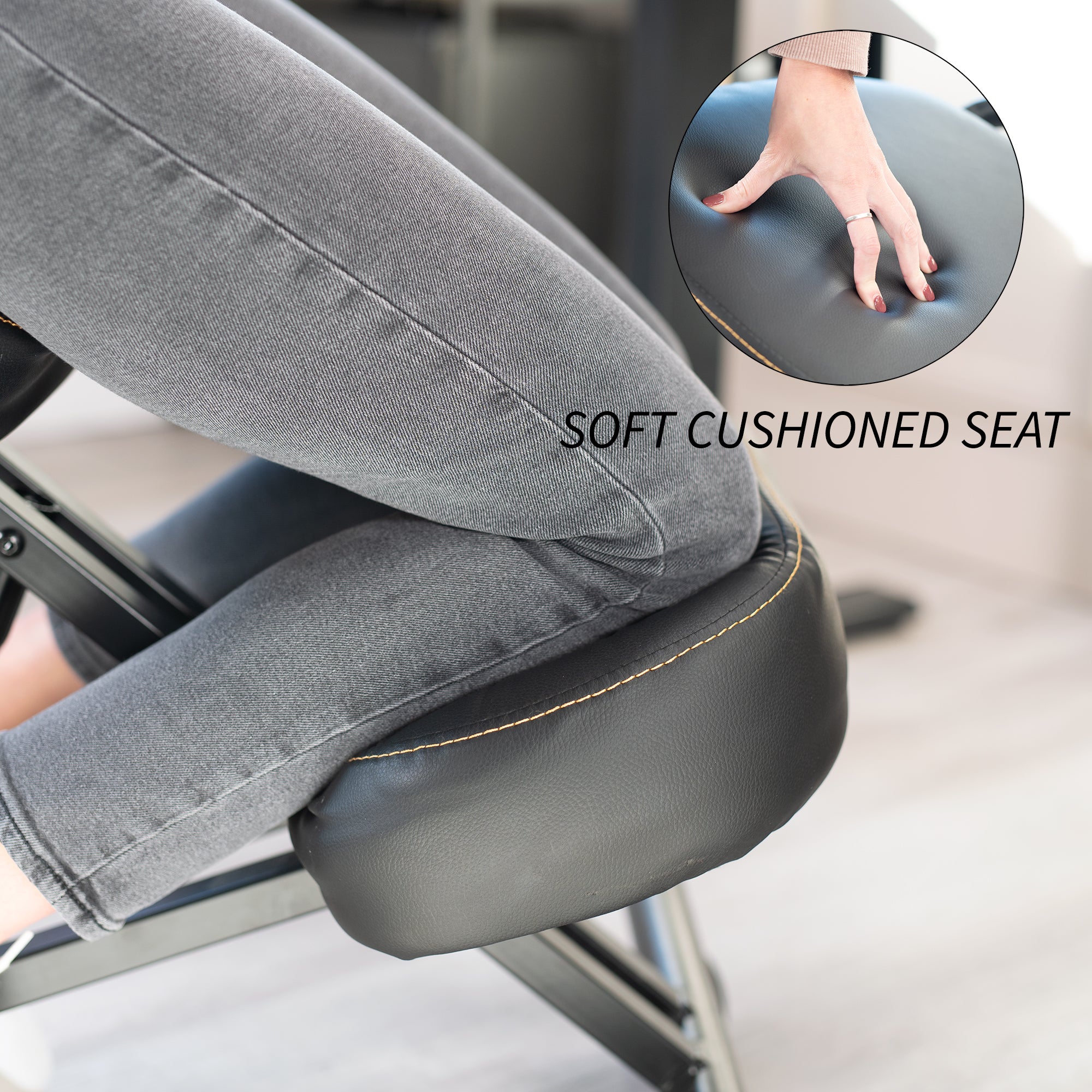 Height adjustable comfortable kneeling chair with locking caster wheels.