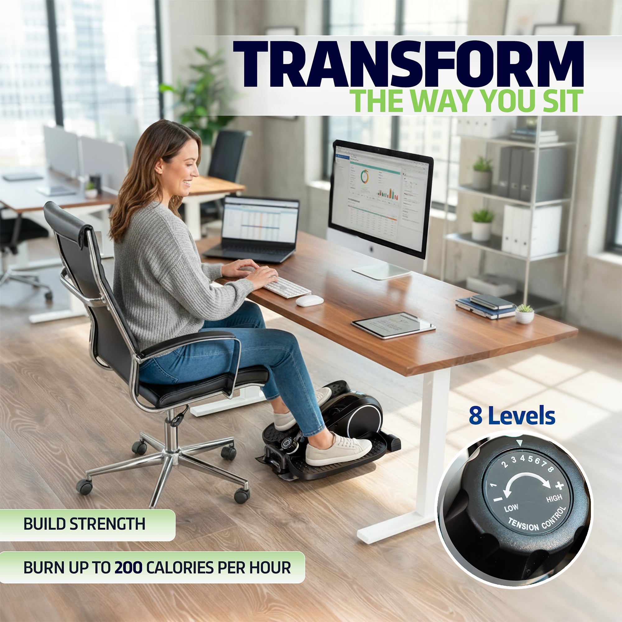 Person using a pedal exerciser at a desk with office setting in the background, featuring text about product features.