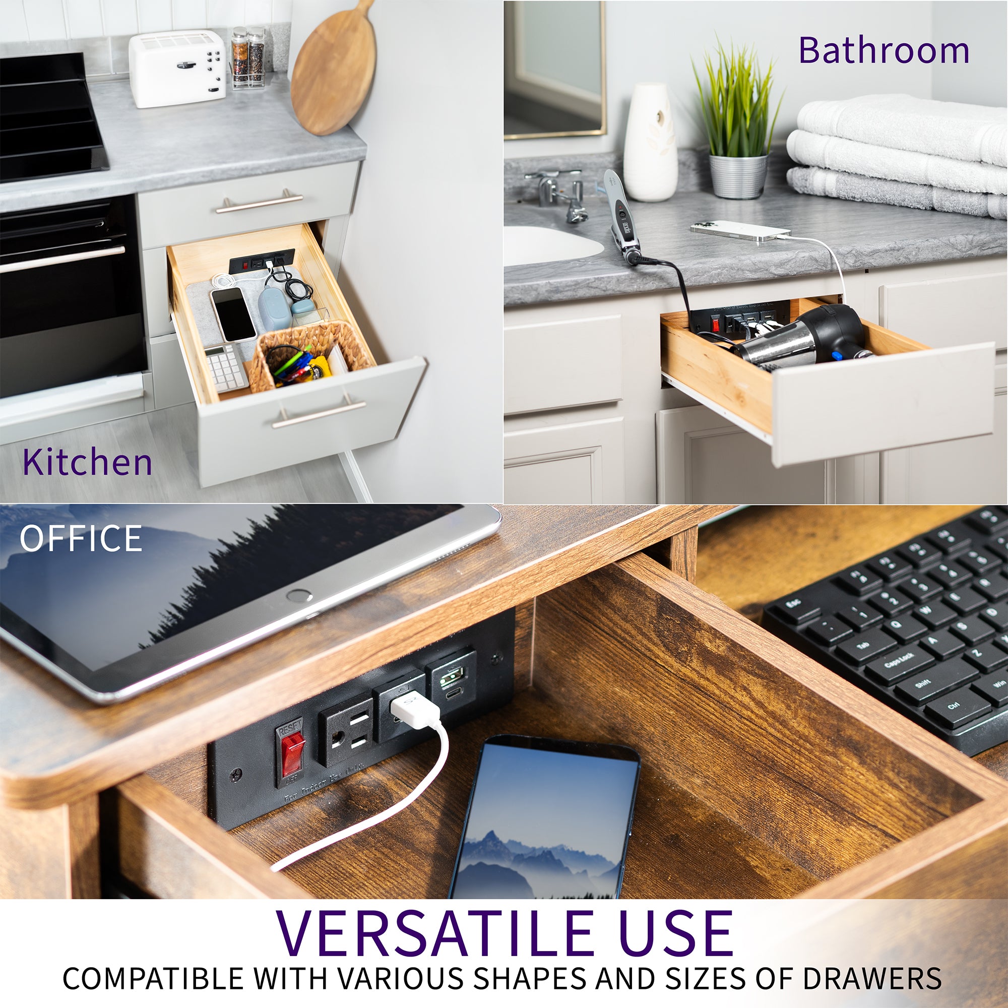 In-drawer changing station with AC outlet and USB ports.