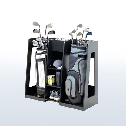 Golf club organizer with golf clubs and accessories on a white background