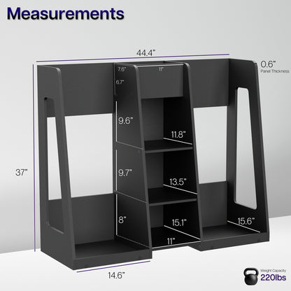 Black golf organizer shelving unit with measurements on a gray background