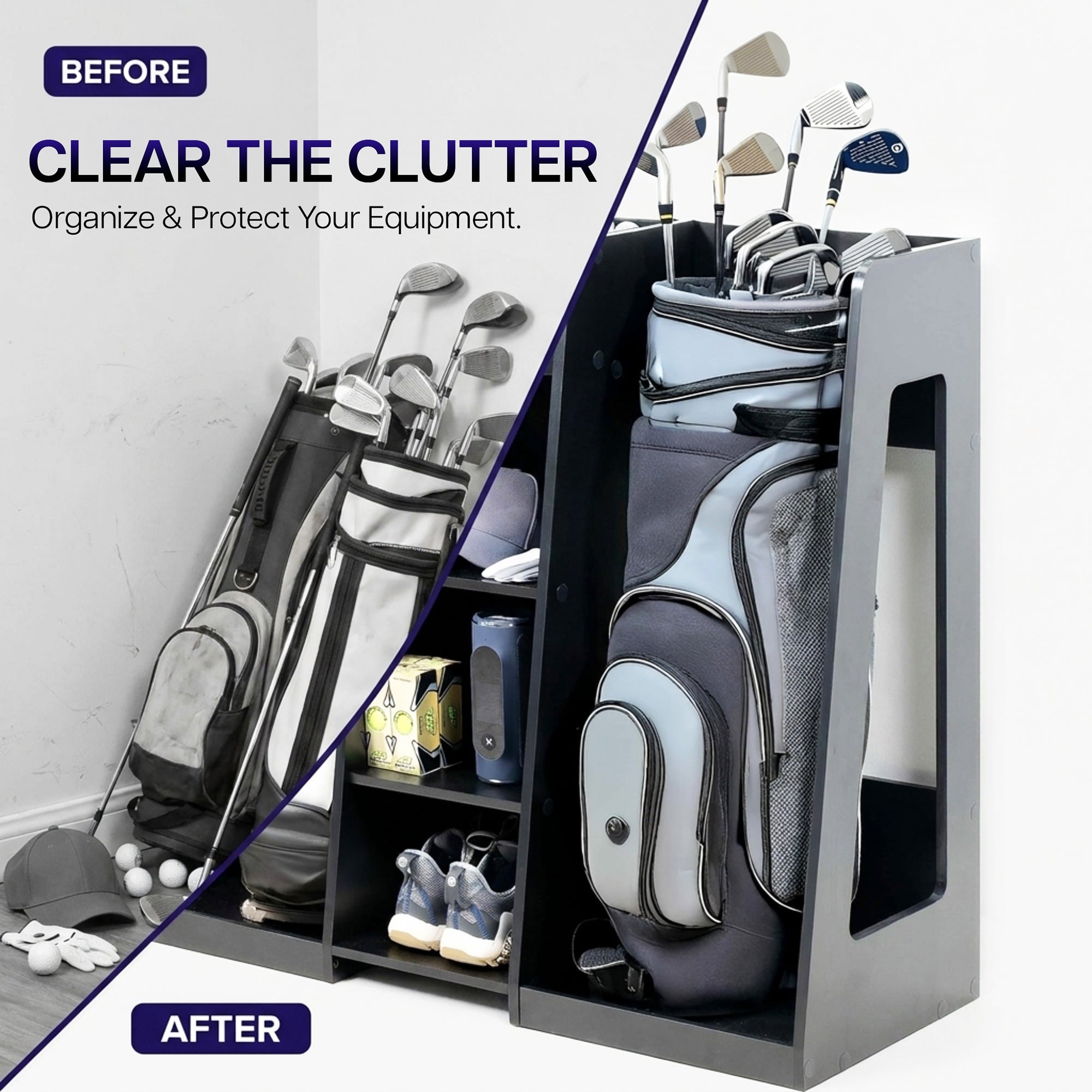 Golf equipment before and after organization with a storage system.
