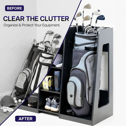 Golf equipment before and after organization with a storage system.