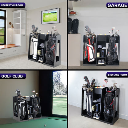 Golf club storage system displayed in different settings: recreation room, garage, golf club area, and storage room.