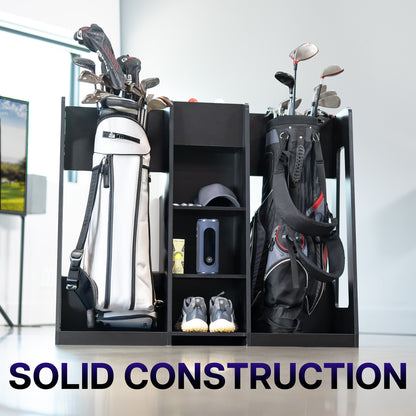 Golf club organizer with golf clubs and accessories on a white background