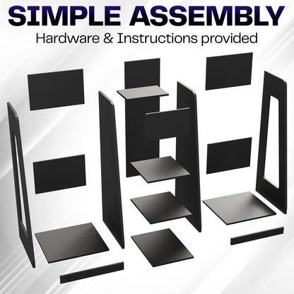 Black shelving unit components with text on a white background