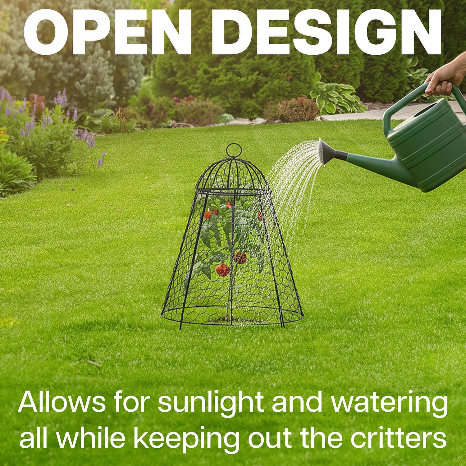 Garden cloches with watering can on grass, labeled 'Open Design' and text about sunlight and critter control.