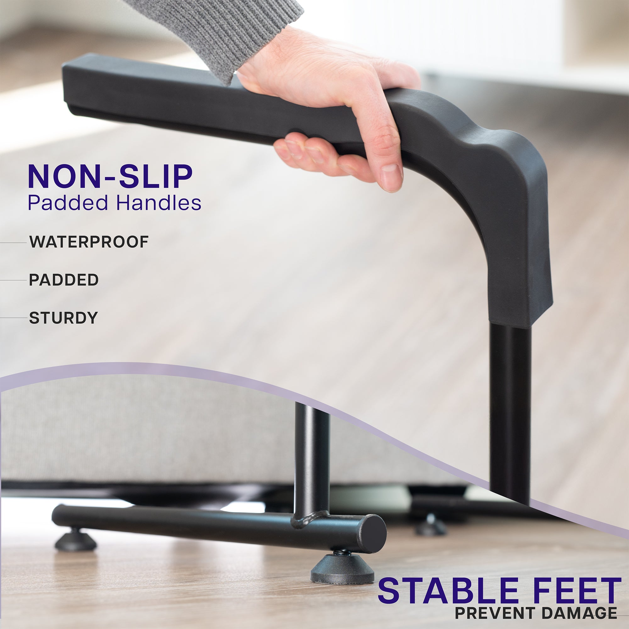 Hand holding a black padded handle on a piece of furniture with text highlighting features like non-slip, waterproof, and stable feet.