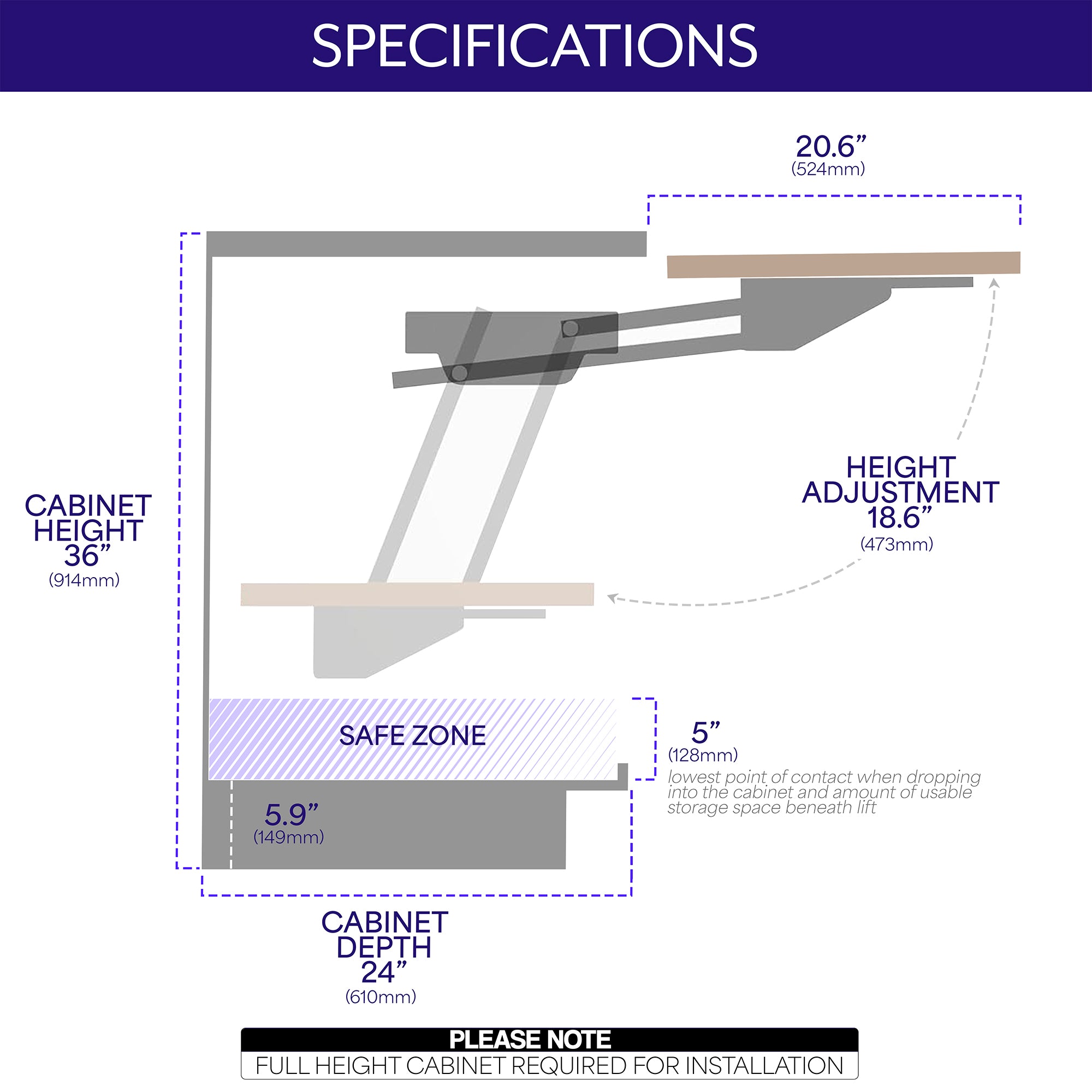 Kitchen Appliance Lifting Brackets measurements and specifications on a white background.