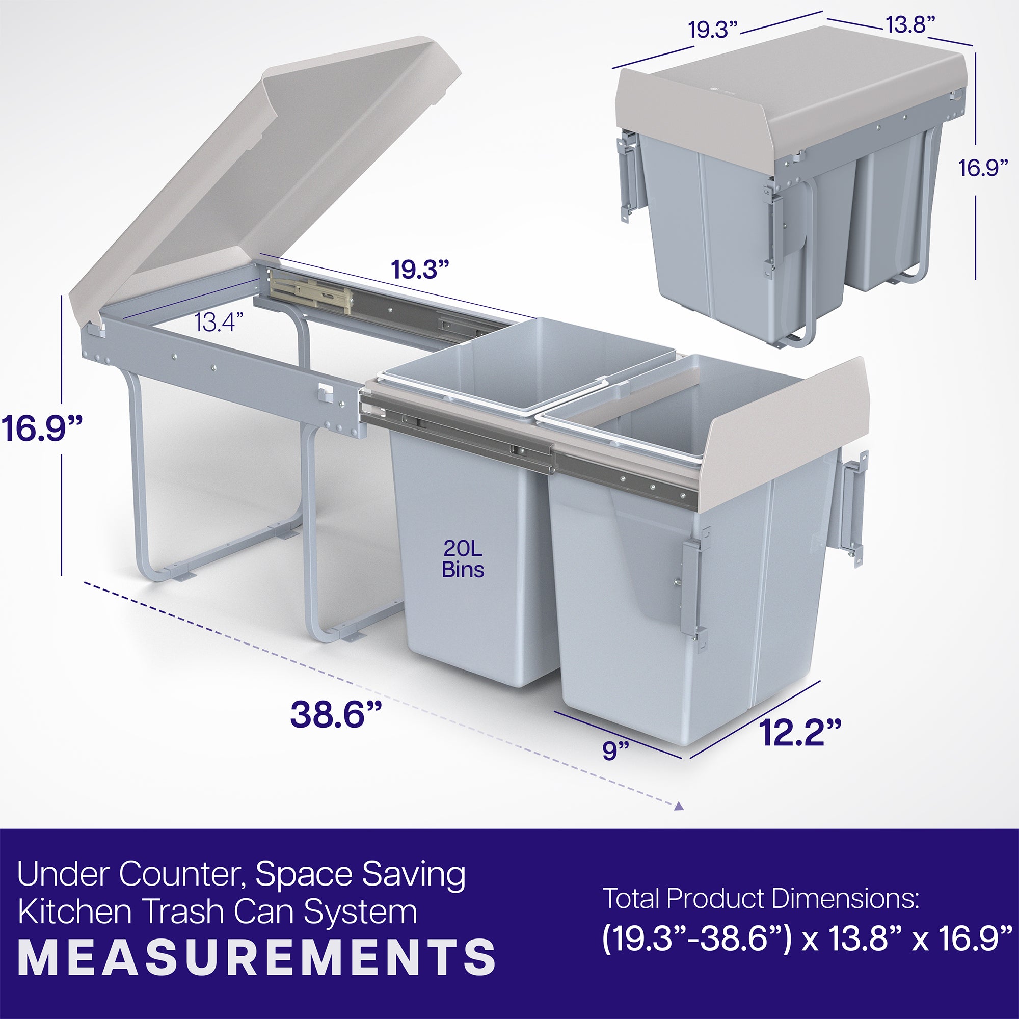 An under-counter dual trash can system with silver containers and a beige lid with measurements listed. 