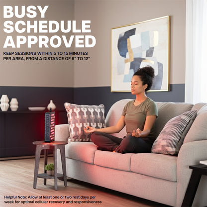 Woman meditating on a couch with Red Light Therapy device with text about a 'Busy Schedule Approved' product.