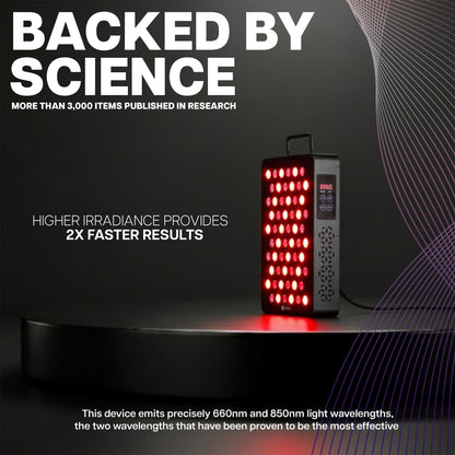 Red light therapy device on a black platform with text about science backing and faster results.