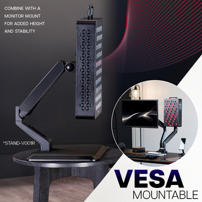 VESA mountable monitor stand with flexible arm on a desk, featuring text about height and stability.