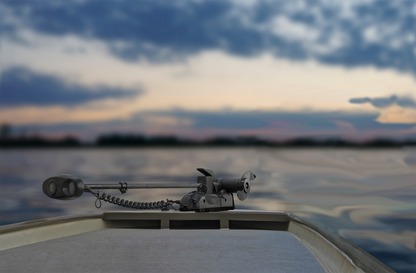 Trolling motor quick release bracket mounted on a boat.