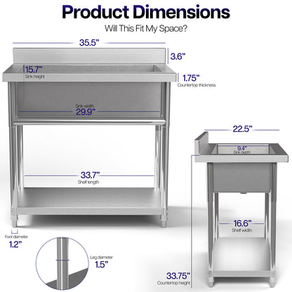 Dimensions and specifications for a Stainless Steel Single Bowl Large Utility Sink