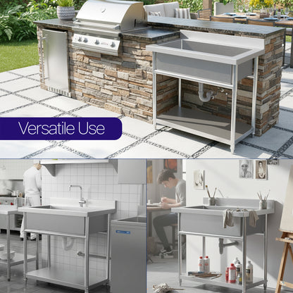 Outdoor kitchen with stone facade and stainless steel sink, "Versatile Use" text, indoor kitchen setup with sink.