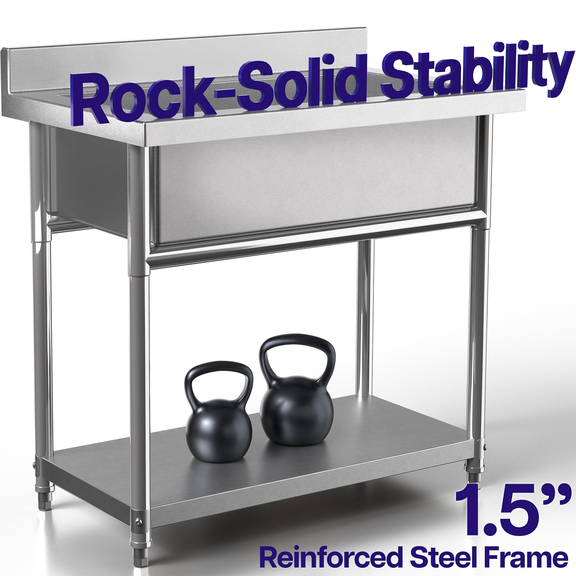 Stainless steel utility sink with two black kettlebells on a white background, emphasizing stability and reinforced steel frame.