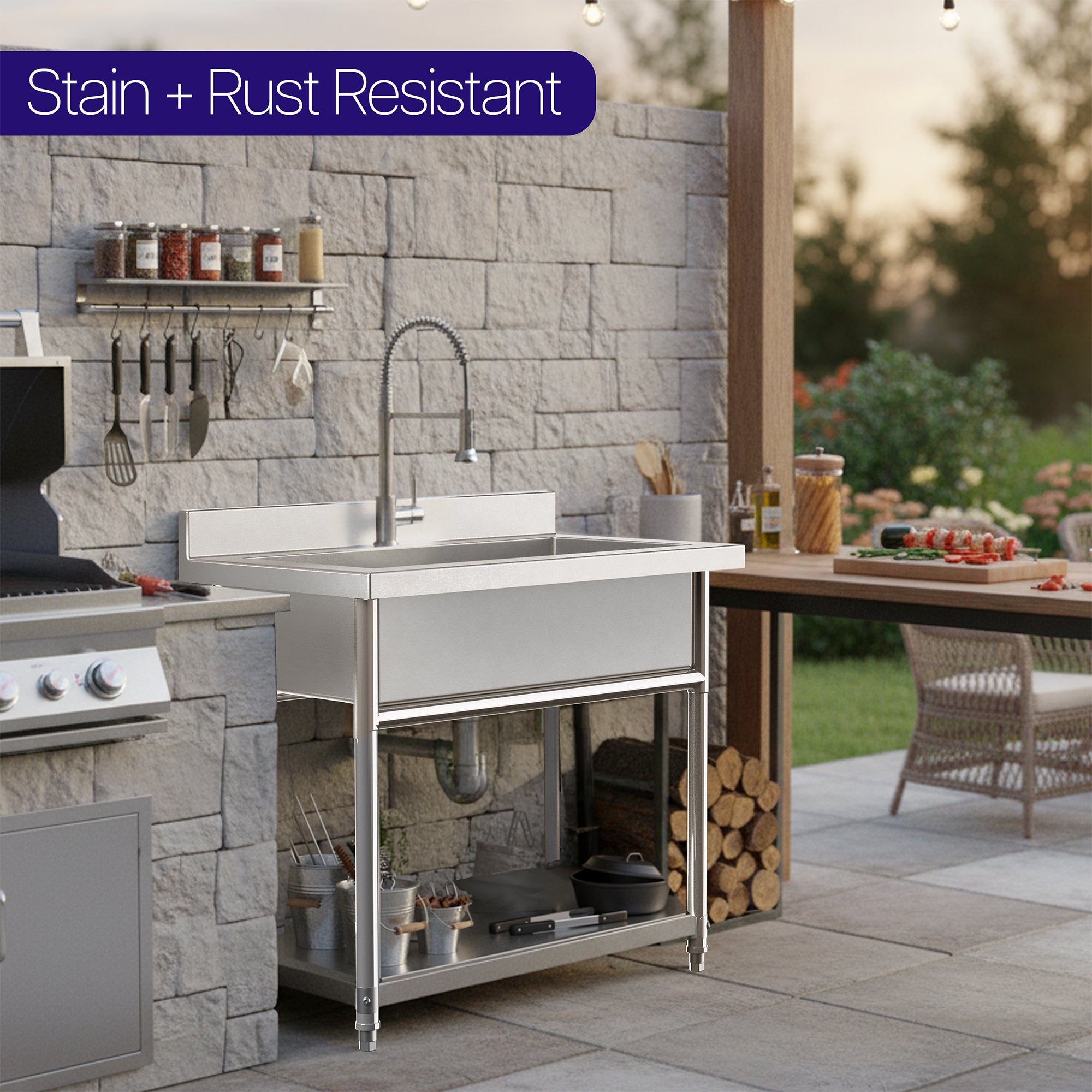 Stain and rust resistant sink shown in outdoor setting