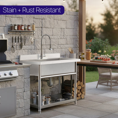 Stain and rust resistant sink shown in outdoor setting