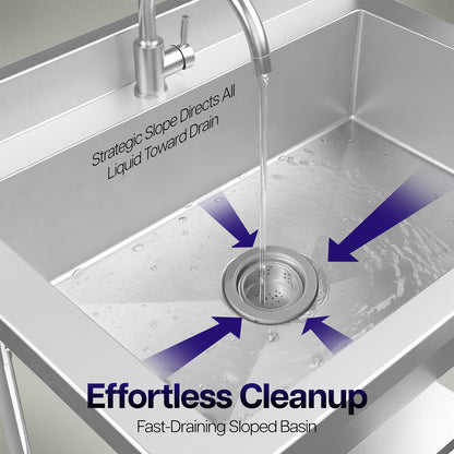 Stainless steel kitchen sink with water flowing and labeled features