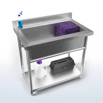 Life Finds by VIVO Stainless Steel Single Bowl Large Utility Sink on a white and blue gradient background.