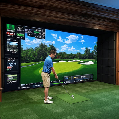 Person playing a golf simulation game on a large screen in a room with green flooring and black Wall Pads.
