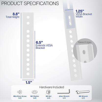 Dimensions and included hardware of two Vesa extender brackets.