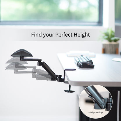 Ergonomic adjustable rotating clamp-on armrest for extra arm support while working.