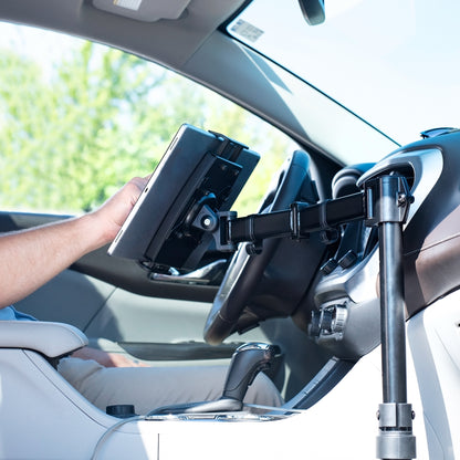 Perfect for on-the-go use, this car tablet stand anchors to the seat bolts on the passenger side chair, providing a secure and sturdy workstation.