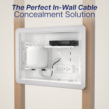 In-Wall Cable and Media Box Enclosure concealment solution with electrical outlets and devices.