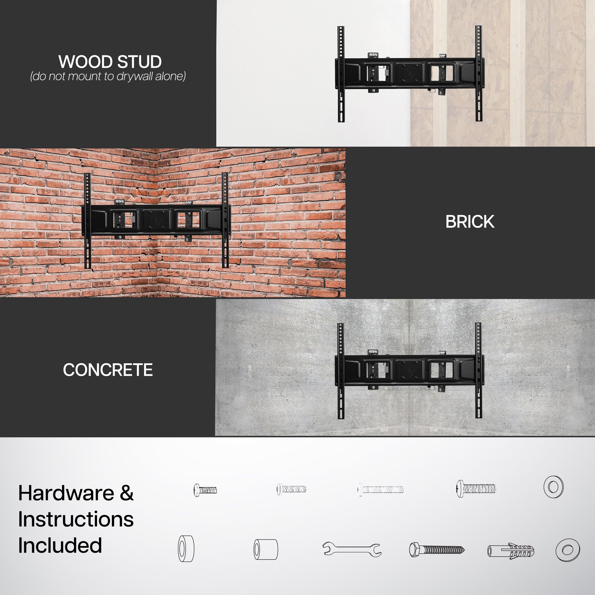 Sturdy corner wall mount for TV for wood stud, brick, or concrete with hardware included.