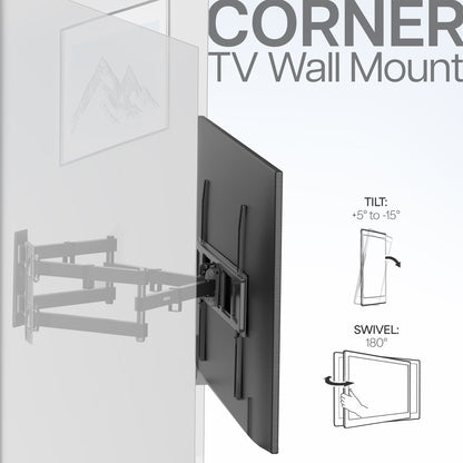 Corner TV wall mount secured to both walls for maximum security of the TV screen.