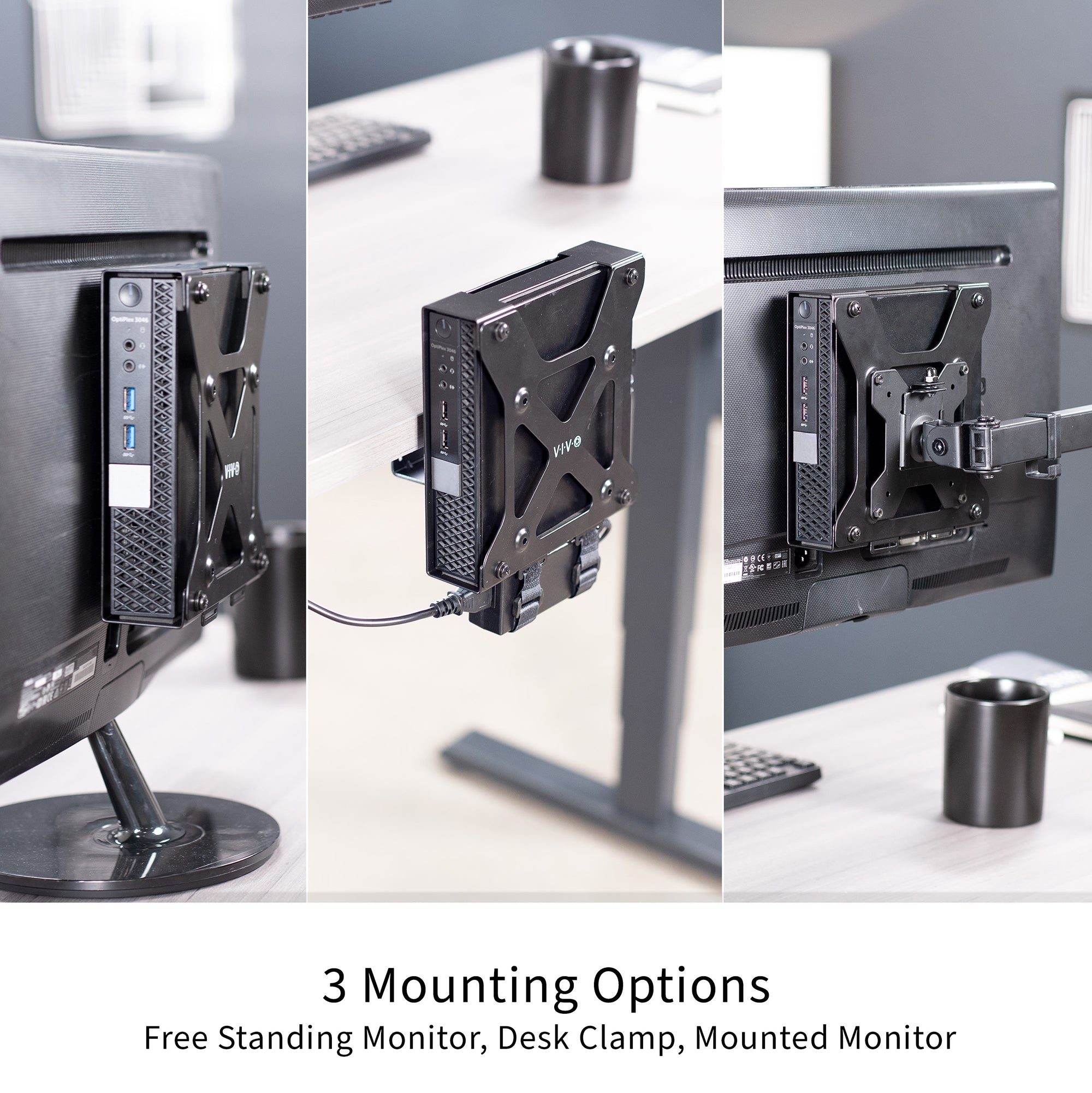 Three mounting options for the Dell Micro OptiPlex mount on a desk with a neutral background.