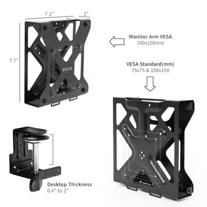 Dimensions and VESA standard details on a white background for the Mount Designed for Dell OptiPlex Micro
