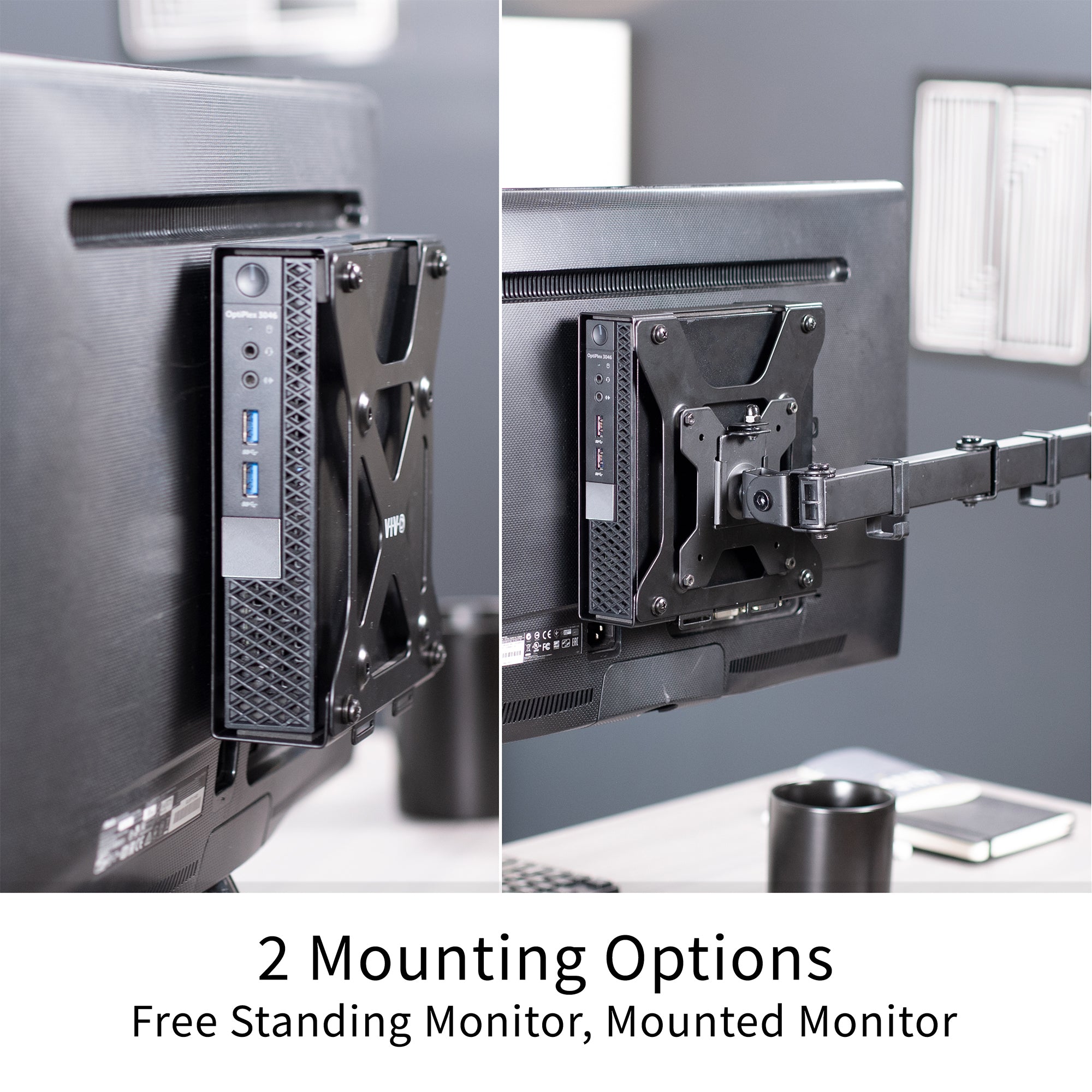 Two views of the Mount Designed for Dell OptiPlex Micro mounted, one free standing and one mounted on a monitor mount. 