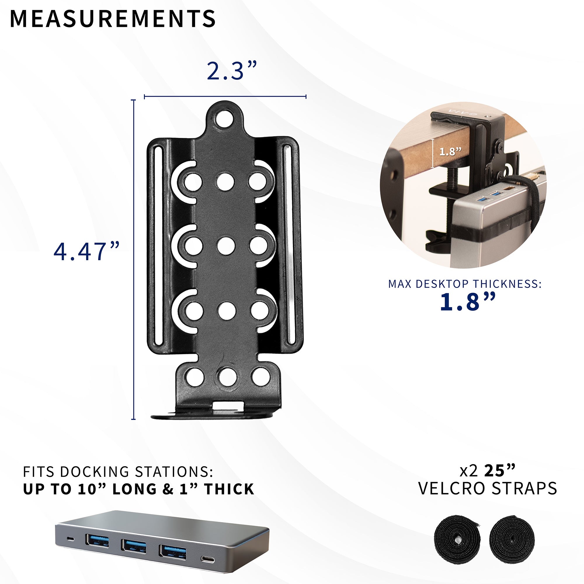 Measurement details of a VESA compatible universal docking station on a white background