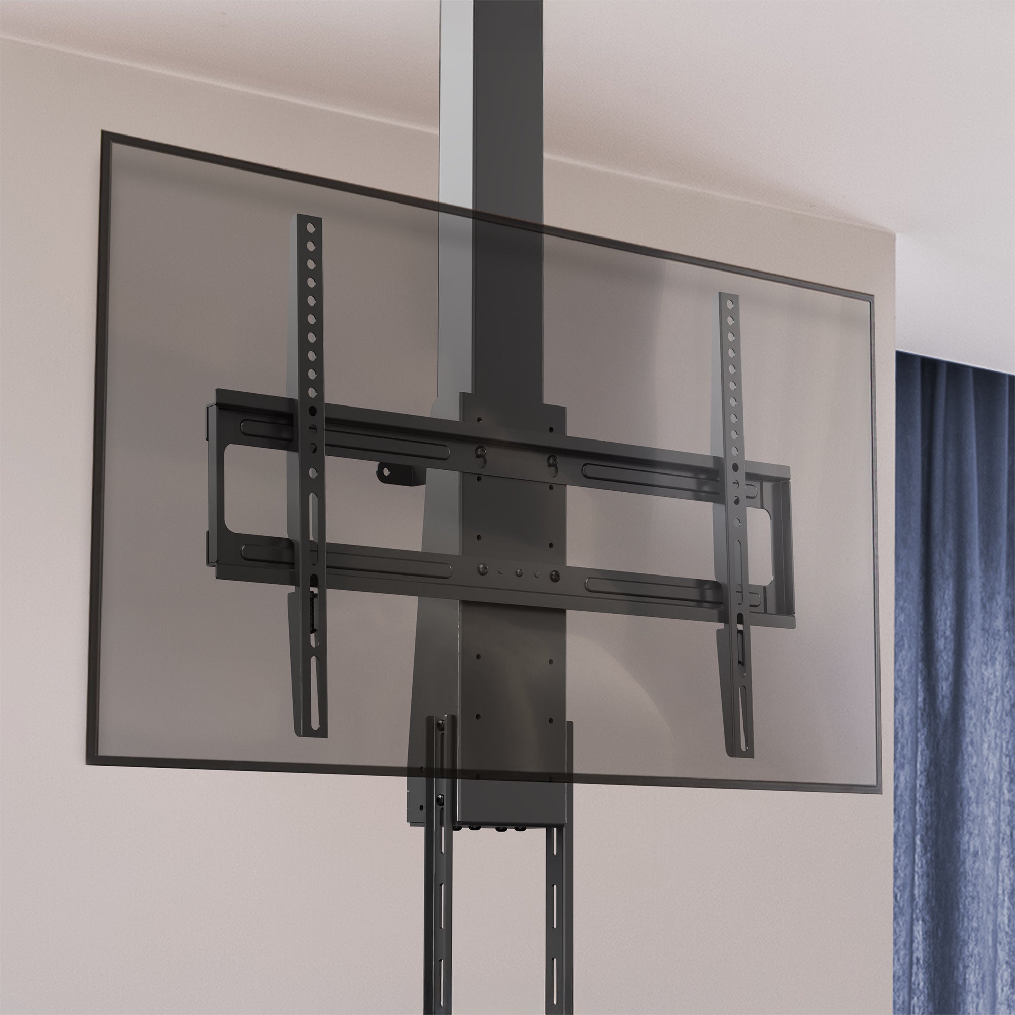 drop down ceiling tv mount on a wall with a clear glass panel