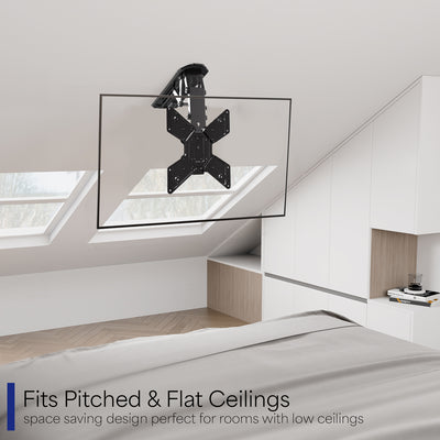 Electric Motorized Flip Down Pitched Roof Ceiling TV Mount for both flat and pitched ceilings.