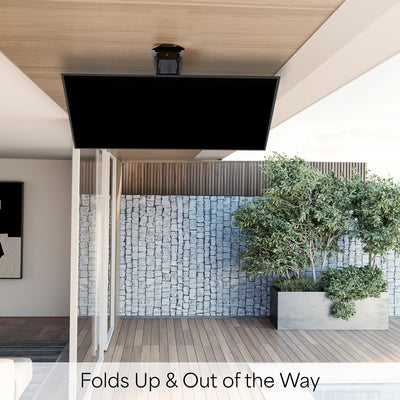 Electric Motorized Flip Down Pitched Roof Ceiling TV Mount with fold-up design.
