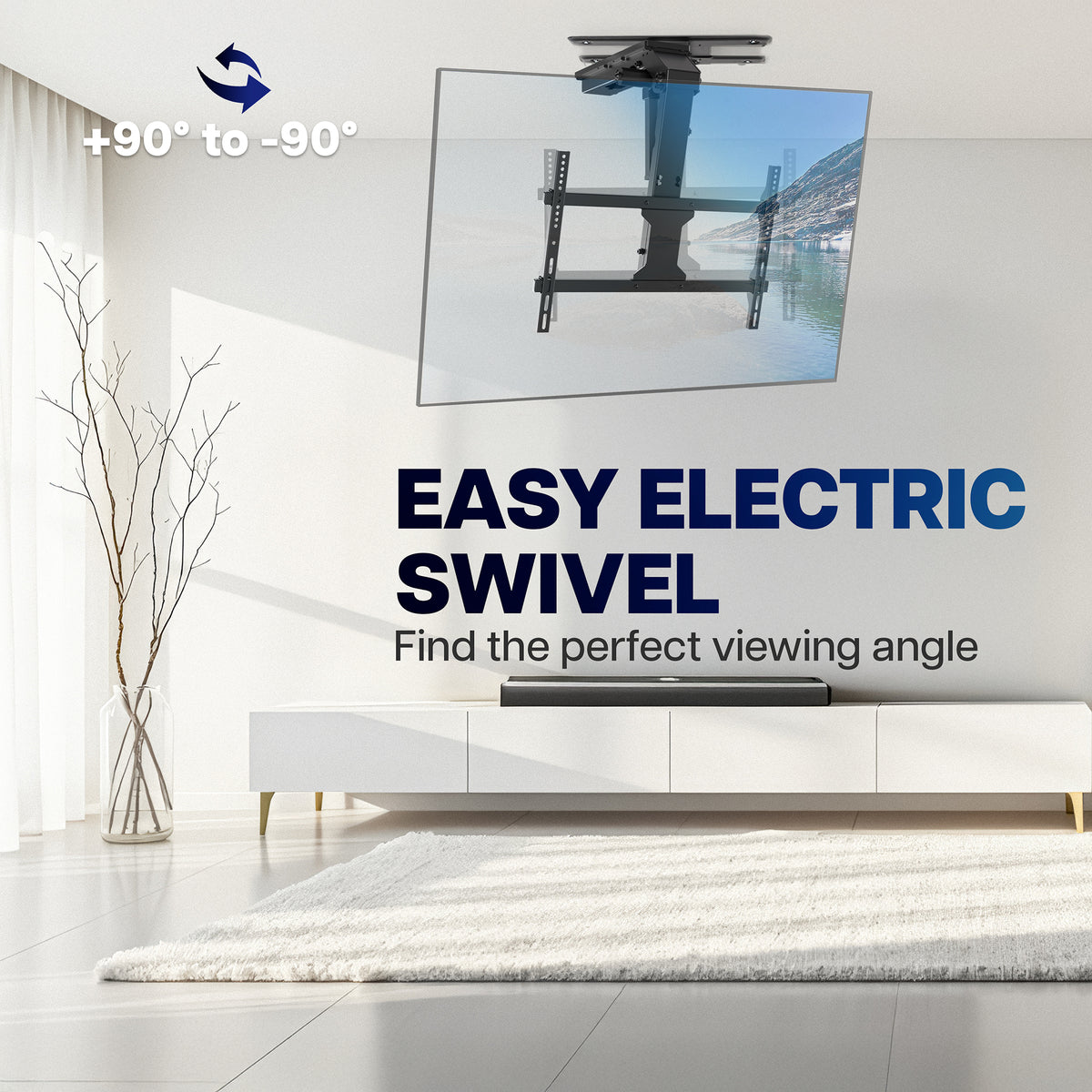 An electric swivel ceiling mount TV bracket shown mounted on a white wall in a modern living room, with a TV attached. Large text reads 'EASY ELECTRIC SWIVEL' and 'Find the perfect viewing angle,' with an angle indicator graphic in the upper left.