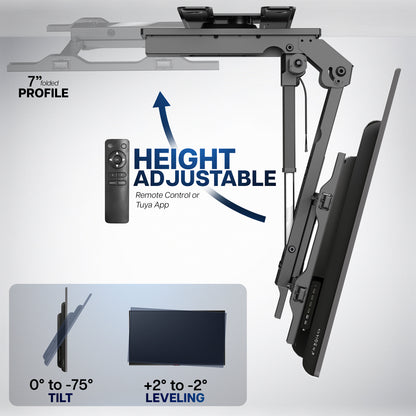 An adjustable ceiling mount bracket shown on a light gray background with text callouts for height adjustability, a 7-inch profile, remote control or Tuya app control, and tilt/leveling range details.