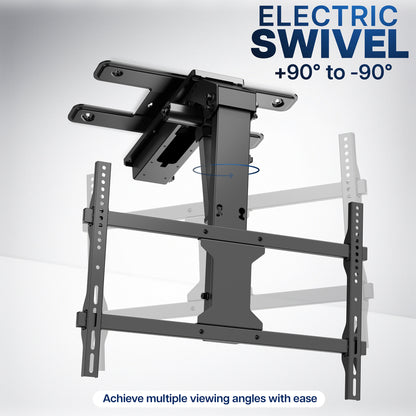 An electric swivel ceiling mount bracket for a TV, shown in black metal with a white ghosted secondary view behind it to demonstrate movement. The image includes text overlays reading 'ELECTRIC SWIVEL +90° to -90°' and 'Achieve multiple viewing angles with ease'.