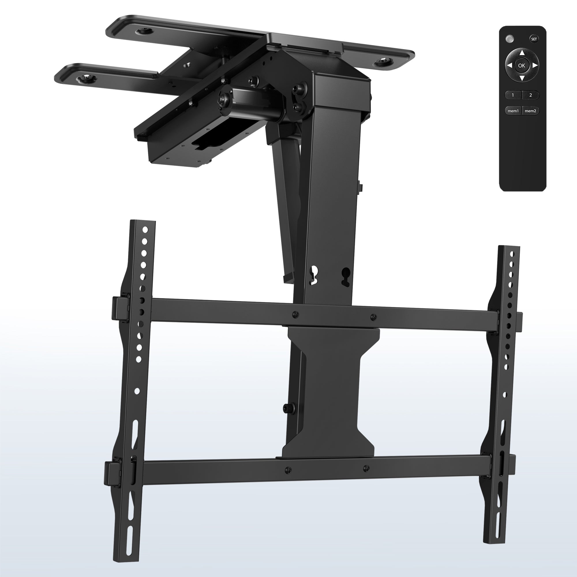 A black electric flip down/swivel ceiling TV mount with a remote control.