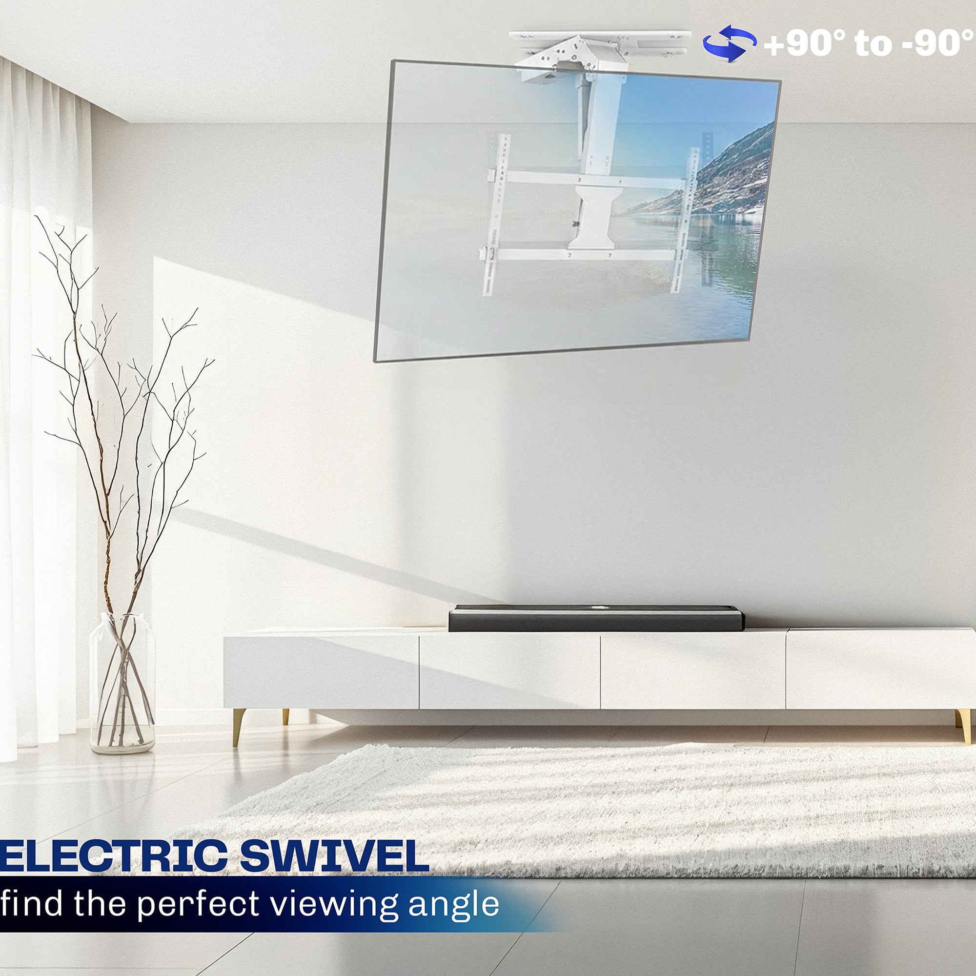 A ceiling-mounted flat-screen TV on an electric swivel bTV mount in a modern living room setting. The TV displays a landscape image, while the bracket is visible behind the screen.