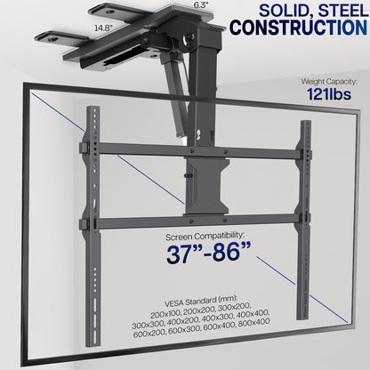 A ceiling-mount TV bracket shown on a light gray background with overlaid text highlighting solid steel construction, weight capacity of 121 lbs, screen compatibility for 37"-86" screens, and VESA standard sizes.